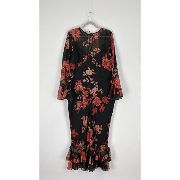 ASOS Long Sleeve Floral Print Maxi Dress Black Red Frill Hem Womens Size 14 New - Picture 6 of 14